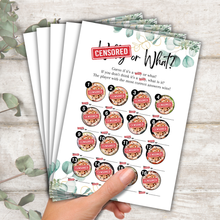 Load image into Gallery viewer, W.... or What? Cheeky Guessing Game for Hen Parties | Funny A5 Bridal Shower Game | Saucy Close-Up Challenge for Adults