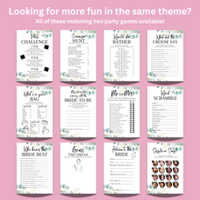 Load image into Gallery viewer, Hen Party Bingo Game | Bridal Shower Icebreaker | A5 Printed Cards | Eucalyptus Design | Funny & Fun Game for Bride Tribe Party
