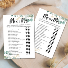 Load image into Gallery viewer, Mr or Mrs Hen Party Game | A5 Printed Bridal Shower Game | Fun Bride & Groom Quiz | Eucalyptus Theme | Wedding Party Activity