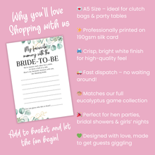 Load image into Gallery viewer, Favourite Memory with the Bride Game | A5 Printed Hen Party Activity | Keepsake Card | Bridal Shower Game | Eucalyptus Design