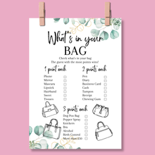 Load image into Gallery viewer, What's in Your Bag Game | A5 Hen Party Activity | Bridal Shower Printable Game | Eucalyptus Theme | Fun Icebreaker | UK Printed Bachelorette