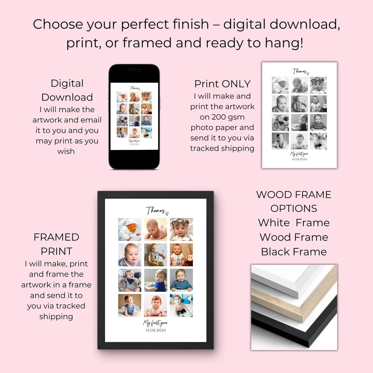 Personalised Baby 12 Photo Collage Print & Frame – Baby Keepsake Gift
