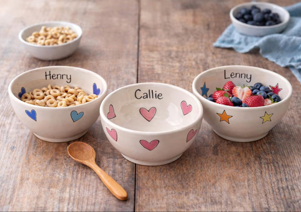 Personalised Ceramic Bowl – Hand Painted Hearts, Stars, Flowers or Spots