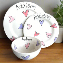 Load image into Gallery viewer, 9013 - Personalised Hand Painted Ceramic Dinner Plate, Side Plate & Bowl Set