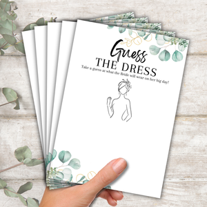 Guess the Dress Hen Party Game | A5 Printed Cards | Fun Bridal Shower Activity | Eucalyptus Design | Wedding Dress Drawing Game