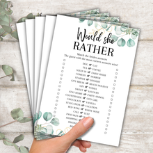 Load image into Gallery viewer, Would She Rather Hen Party Game | A5 Printed Bridal Shower Game | Bride Guessing Game | Fun Icebreaker | Eucalyptus Design