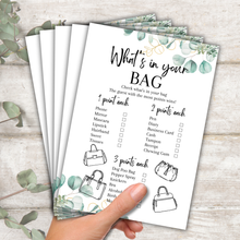 Load image into Gallery viewer, What&#39;s in Your Bag Game | A5 Hen Party Activity | Bridal Shower Printable Game | Eucalyptus Theme | Fun Icebreaker | UK Printed Bachelorette
