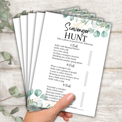 Hen Party Scavenger Hunt Game | A5 Bridal Shower Challenge | Funny Icebreaker Game | Eucalyptus Theme | Printed UK | Bachelorette Party Fun