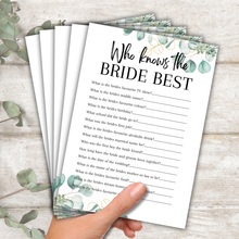Load image into Gallery viewer, Who Knows the Bride Best Game | Hen Party Quiz | Bridal Shower Trivia | Eucalyptus Theme | Printed in UK | Wedding Fun | A5 Hen Games