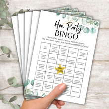 Load image into Gallery viewer, Hen Party Bingo Game | Bridal Shower Icebreaker | A5 Printed Cards | Eucalyptus Design | Funny &amp; Fun Game for Bride Tribe Party