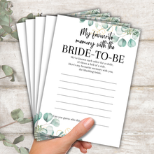 Load image into Gallery viewer, Favourite Memory with the Bride Game | A5 Printed Hen Party Activity | Keepsake Card | Bridal Shower Game | Eucalyptus Design