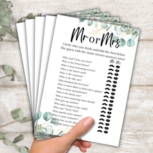 Load image into Gallery viewer, Mr or Mrs Hen Party Game | A5 Printed Bridal Shower Game | Fun Bride &amp; Groom Quiz | Eucalyptus Theme | Wedding Party Activity