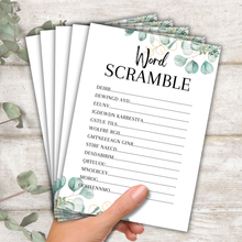 Load image into Gallery viewer, Hen Party Word Scramble Game | A5 Bridal Shower Puzzle | Wedding Themed Fun | Eucalyptus Design | Printed in UK | With Answers | Bachelorette