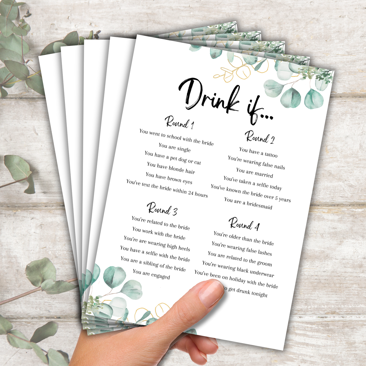 Drink If Hen Party Game | Eucalyptus Design | Funny Bridal Shower Game | Printed A5 Cards | Hens Night Activity | Bride Tribe Fun