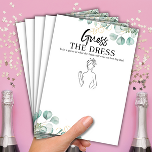 Guess the Dress Hen Party Game | A5 Printed Cards | Fun Bridal Shower Activity | Eucalyptus Design | Wedding Dress Drawing Game