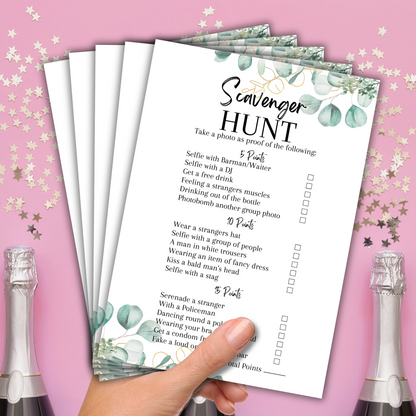 Hen Party Scavenger Hunt Game | A5 Bridal Shower Challenge | Funny Icebreaker Game | Eucalyptus Theme | Printed UK | Bachelorette Party Fun