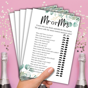Mr or Mrs Hen Party Game | A5 Printed Bridal Shower Game | Fun Bride & Groom Quiz | Eucalyptus Theme | Wedding Party Activity