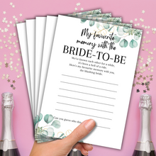Load image into Gallery viewer, Favourite Memory with the Bride Game | A5 Printed Hen Party Activity | Keepsake Card | Bridal Shower Game | Eucalyptus Design