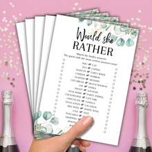 Load image into Gallery viewer, Would She Rather Hen Party Game | A5 Printed Bridal Shower Game | Bride Guessing Game | Fun Icebreaker | Eucalyptus Design
