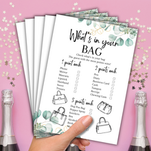 Load image into Gallery viewer, What&#39;s in Your Bag Game | A5 Hen Party Activity | Bridal Shower Printable Game | Eucalyptus Theme | Fun Icebreaker | UK Printed Bachelorette
