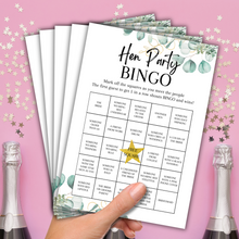 Load image into Gallery viewer, Hen Party Bingo Game | Bridal Shower Icebreaker | A5 Printed Cards | Eucalyptus Design | Funny &amp; Fun Game for Bride Tribe Party