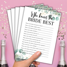 Load image into Gallery viewer, Who Knows the Bride Best Game | Hen Party Quiz | Bridal Shower Trivia | Eucalyptus Theme | Printed in UK | Wedding Fun | A5 Hen Games