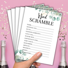 Load image into Gallery viewer, Hen Party Word Scramble Game | A5 Bridal Shower Puzzle | Wedding Themed Fun | Eucalyptus Design | Printed in UK | With Answers | Bachelorette