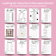 Load image into Gallery viewer, Who Knows the Bride Best Game | Hen Party Quiz | Bridal Shower Trivia | Eucalyptus Theme | Printed in UK | Wedding Fun | A5 Hen Games
