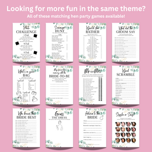 Hen Party Bingo Game | Bridal Shower Icebreaker | A5 Printed Cards | Eucalyptus Design | Funny & Fun Game for Bride Tribe Party