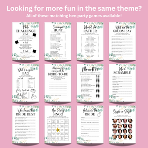 Guess the Dress Hen Party Game | A5 Printed Cards | Fun Bridal Shower Activity | Eucalyptus Design | Wedding Dress Drawing Game