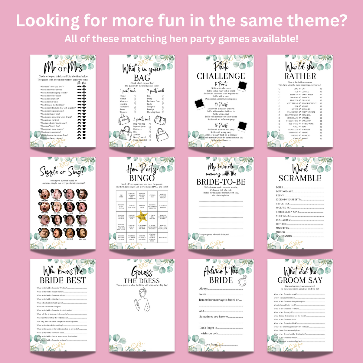 Hen Party Scavenger Hunt Game | A5 Bridal Shower Challenge | Funny Icebreaker Game | Eucalyptus Theme | Printed UK | Bachelorette Party Fun