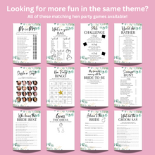 Load image into Gallery viewer, Hen Party Word Scramble Game | A5 Bridal Shower Puzzle | Wedding Themed Fun | Eucalyptus Design | Printed in UK | With Answers | Bachelorette
