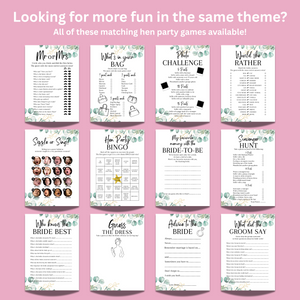 Hen Party Word Scramble Game | A5 Bridal Shower Puzzle | Wedding Themed Fun | Eucalyptus Design | Printed in UK | With Answers | Bachelorette
