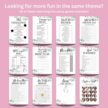 Drink If Hen Party Game | Eucalyptus Design | Funny Bridal Shower Game | Printed A5 Cards | Hens Night Activity | Bride Tribe Fun