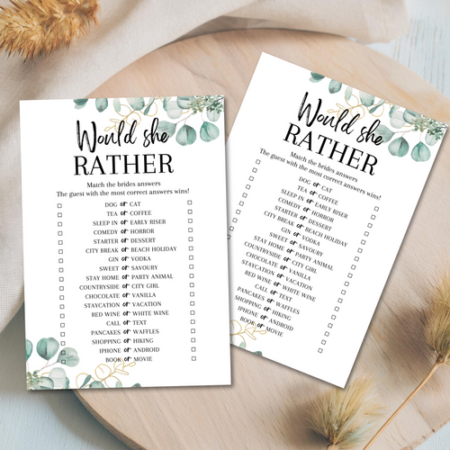 Would She Rather Hen Party Game | A5 Printed Bridal Shower Game | Bride Guessing Game | Fun Icebreaker | Eucalyptus Design