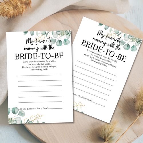 Favourite Memory with the Bride Game | A5 Printed Hen Party Activity | Keepsake Card | Bridal Shower Game | Eucalyptus Design