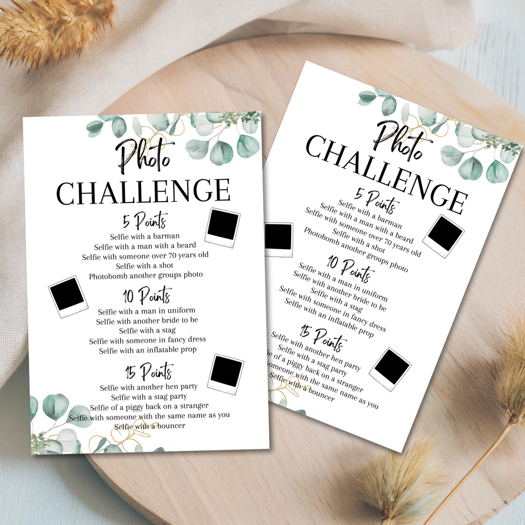 Hen Party Photo Challenge Game | A5 Printed Bridal Activity | Bridal Shower Game | Fun Icebreaker | Bride Tribe Game | Eucalyptus Design