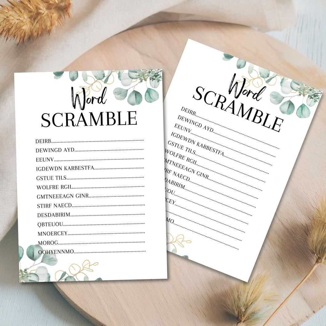 Hen Party Word Scramble Game | A5 Bridal Shower Puzzle | Wedding Themed Fun | Eucalyptus Design | Printed in UK | With Answers | Bachelorette