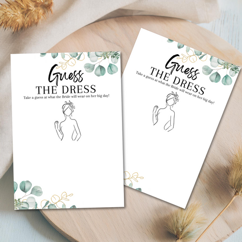 Guess the Dress Hen Party Game | A5 Printed Cards | Fun Bridal Shower Activity | Eucalyptus Design | Wedding Dress Drawing Game