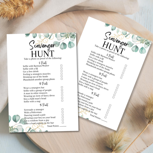 Hen Party Scavenger Hunt Game | A5 Bridal Shower Challenge | Funny Icebreaker Game | Eucalyptus Theme | Printed UK | Bachelorette Party Fun