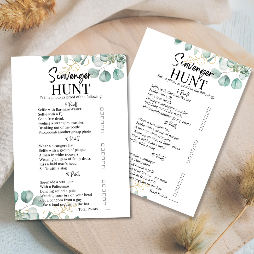 Hen Party Scavenger Hunt Game | A5 Bridal Shower Challenge | Funny Icebreaker Game | Eucalyptus Theme | Printed UK | Bachelorette Party Fun