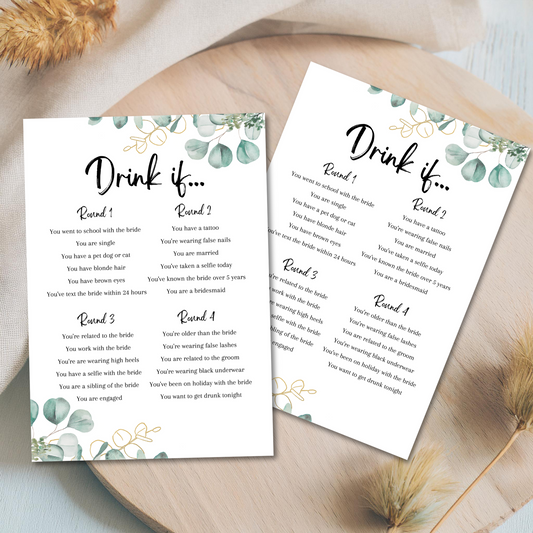Drink If Hen Party Game | Eucalyptus Design | Funny Bridal Shower Game | Printed A5 Cards | Hens Night Activity | Bride Tribe Fun