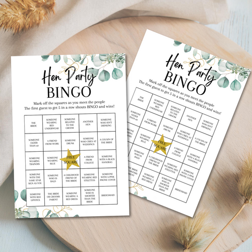 Hen Party Bingo Game | Bridal Shower Icebreaker | A5 Printed Cards | Eucalyptus Design | Funny & Fun Game for Bride Tribe Party