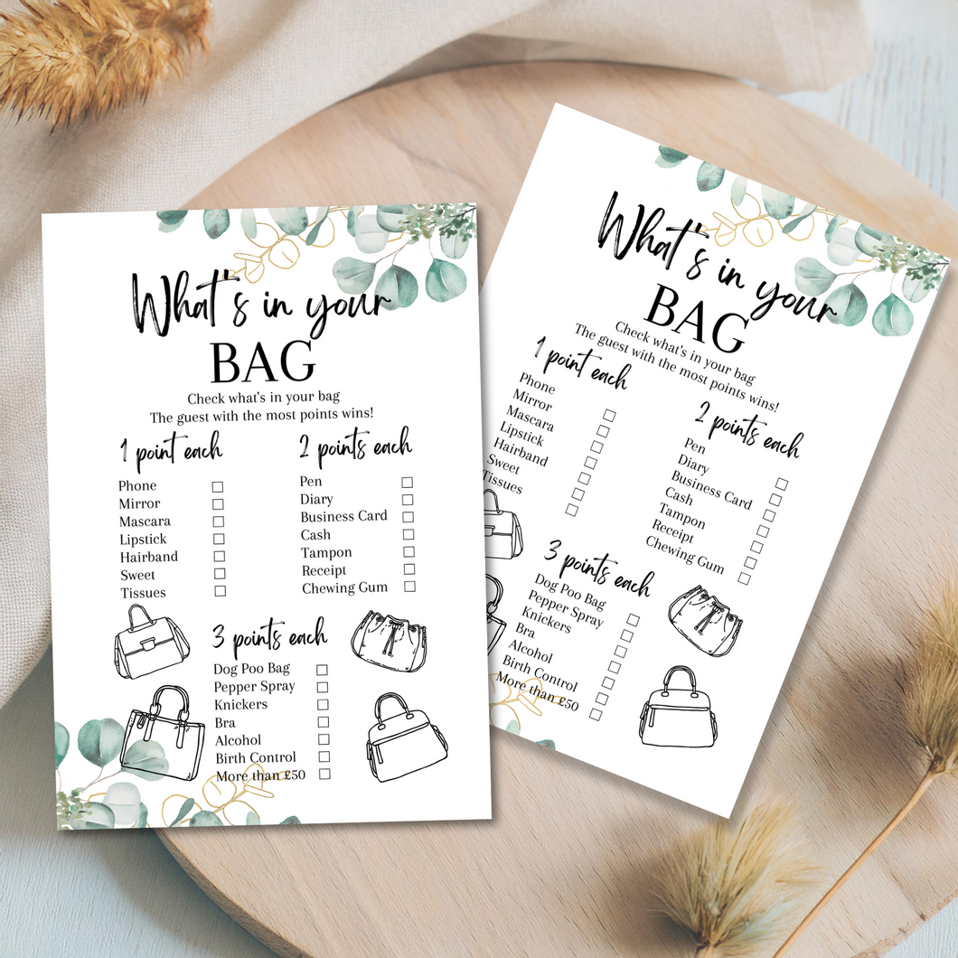 What's in Your Bag Game | A5 Hen Party Activity | Bridal Shower Printable Game | Eucalyptus Theme | Fun Icebreaker | UK Printed Bachelorette