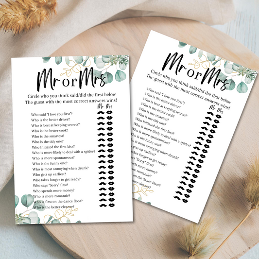 Mr or Mrs Hen Party Game | A5 Printed Bridal Shower Game | Fun Bride & Groom Quiz | Eucalyptus Theme | Wedding Party Activity