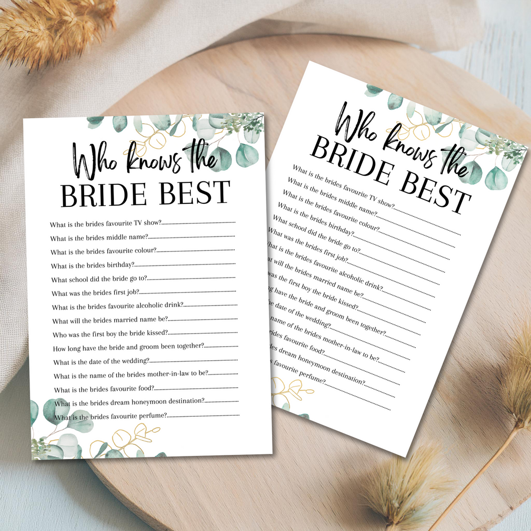 Who Knows the Bride Best Game | Hen Party Quiz | Bridal Shower Trivia | Eucalyptus Theme | Printed in UK | Wedding Fun | A5 Hen Games
