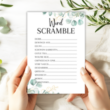 Load image into Gallery viewer, Hen Party Word Scramble Game | A5 Bridal Shower Puzzle | Wedding Themed Fun | Eucalyptus Design | Printed in UK | With Answers | Bachelorette