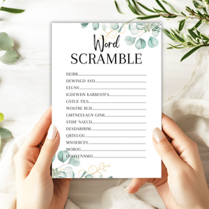 Hen Party Word Scramble Game | A5 Bridal Shower Puzzle | Wedding Themed Fun | Eucalyptus Design | Printed in UK | With Answers | Bachelorette