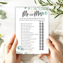 Load image into Gallery viewer, Mr or Mrs Hen Party Game | A5 Printed Bridal Shower Game | Fun Bride &amp; Groom Quiz | Eucalyptus Theme | Wedding Party Activity
