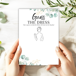 Guess the Dress Hen Party Game | A5 Printed Cards | Fun Bridal Shower Activity | Eucalyptus Design | Wedding Dress Drawing Game